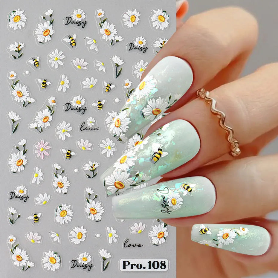 2pcs 5D Embossed Spring Daisy Nails Decals Cute Bee Ladybug Nail Stickers Blossom Petals Adhesive Charms Manicure Slider Decor