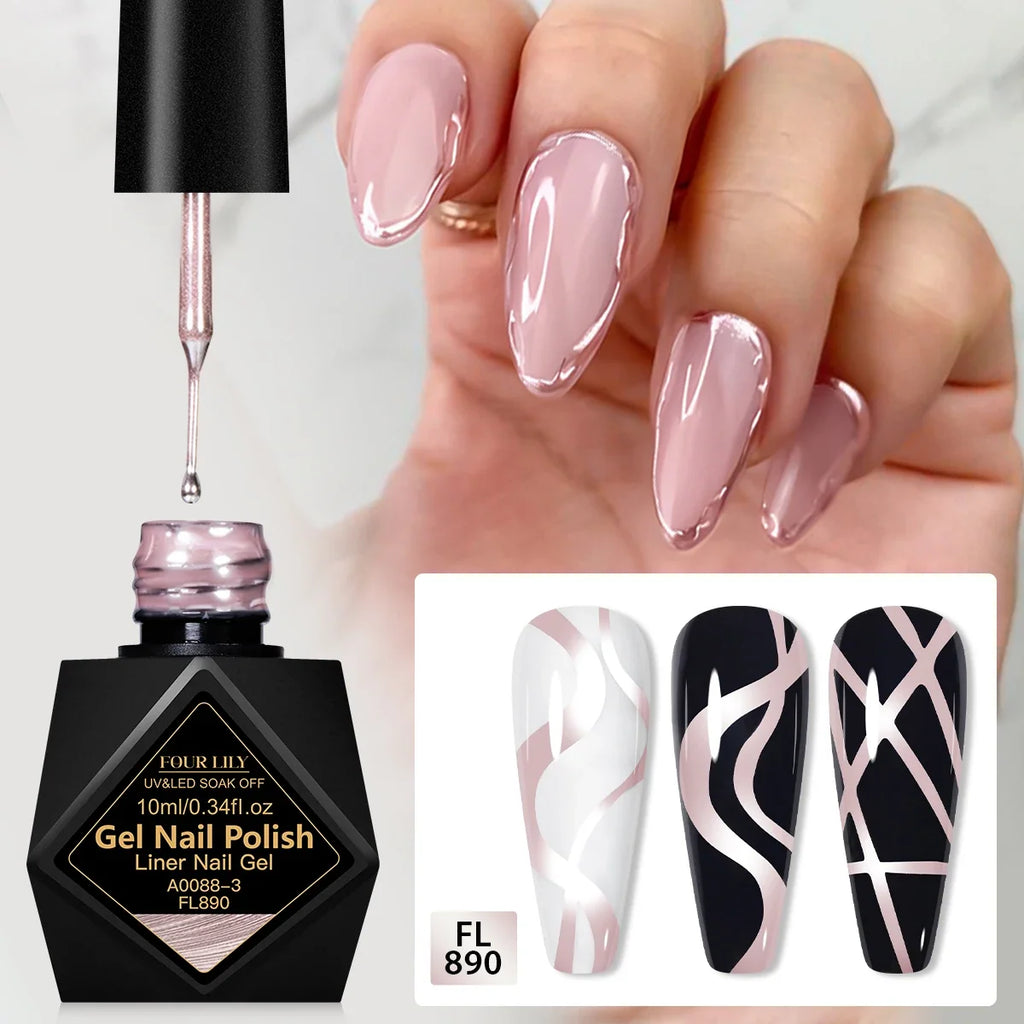FOUT LILY 10ml Metallic Painting Liner Gel Nail Polish, Super Bright Mirror Pull Line Graffiti Painting Stripe Gel Nail Varnish