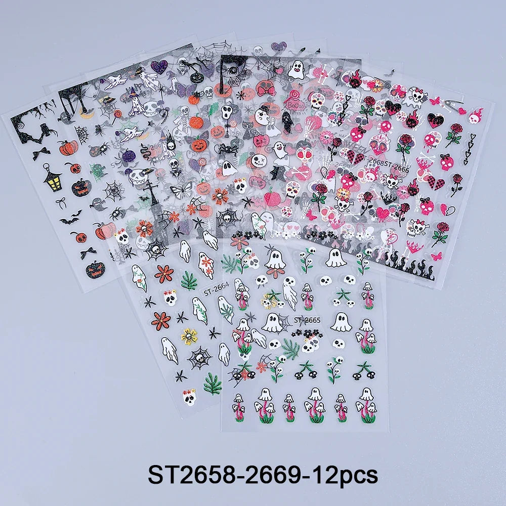 SWEET TREND-12pcs 3D Halloween Nail Stickers Cute Pumpkin Ghost Spider Skull Bow Flower Design Nail Slider Decals Manicure Decor