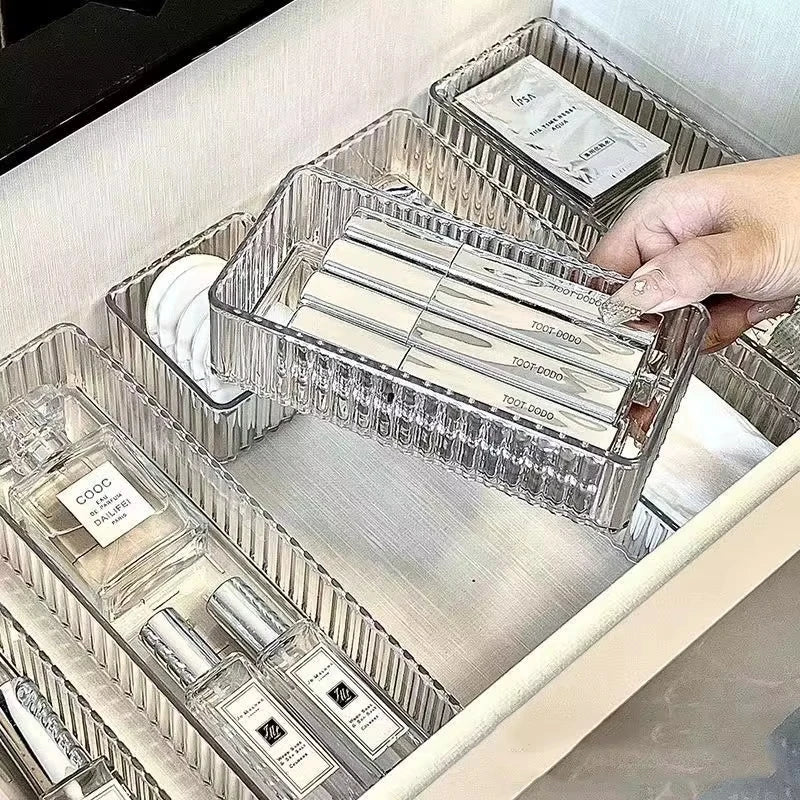 Transparent Modular Drawer Organizer Set Multi Use Storage Trays for Makeup Skincare Kitchen Tools Bathroom Vanity Organization