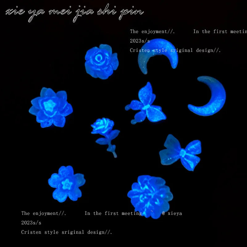 20pcs Kawaii Blue Gradient Resin Nail Art Charms Japanese Flower Butterfly Nail Decorations DIY Acrylic Rhinestones Accessories