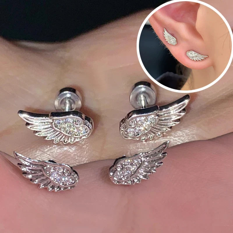 Luxury Zircon Wing Earrings Stud Fashion Women Shiny Crystal Creative Angel Wings Cross Punk Silver Color Ear Studs Jewelry Gift