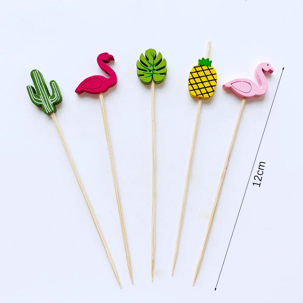 100/50Pcs Hawaii Party Cocktail Sticks Bamboo Skewers for Salad Dessert Disposable Forks Buffet Fruit Birthday Party Wedding