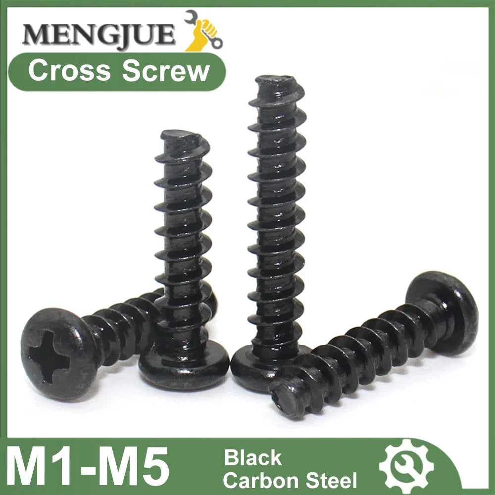 M1 M1.2 M1.4 M1.5 M2 M2.3 M2.6 M3 M3.5 M4 M5 250pcs Black Carbon Steel  Mini Phillips Cross Recessed Pan Head Self-tapping Screw