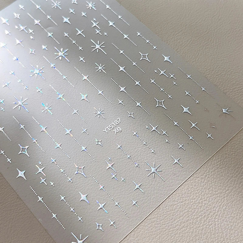 Gold Silver Stamped Starlight Laser Glitter Star Bronzing Rhinestones Relief Nail Art Decorations Stickers Manicure Decals