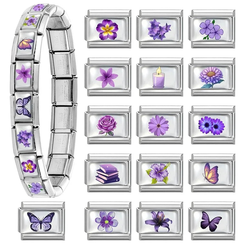 2026 Women's UV Style Purple 3D Flowers Books Candle Italian Charm Link Fit 9mm Stainless Steel Module Bracelet Making Jewelrys