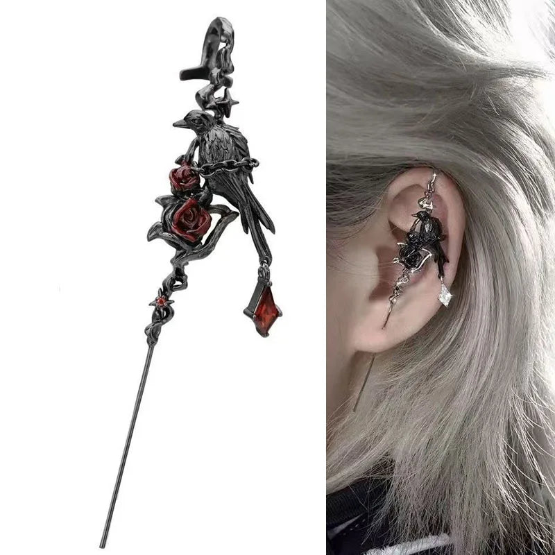 Gothic Earring for Girl Punk Jewelry Goth Thorn Rose Crow Stud Earrings Puncture Earring Halloween Party Accessories