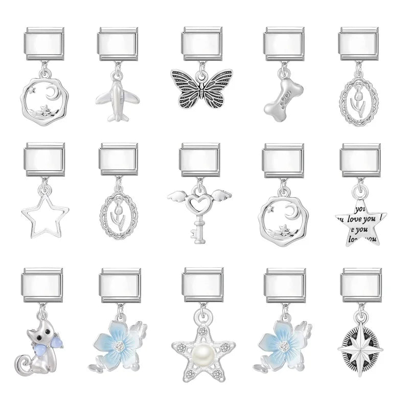 Cute Y2K Cat Butterfly Heart Flower Crab Star Bow Pendant Italian Charm Link Stainless Steel Fit 9mm Bracelet DIY Making Jewerly