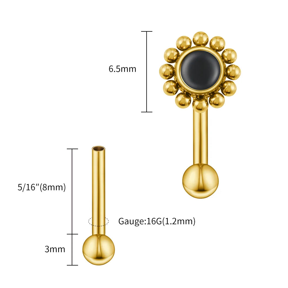 Right Grand ASTM F136 Titanium 16G Flower Rook Earring with Semi Precious Stone Eyebrow Curved Barbell Earring Piercing Jewelry