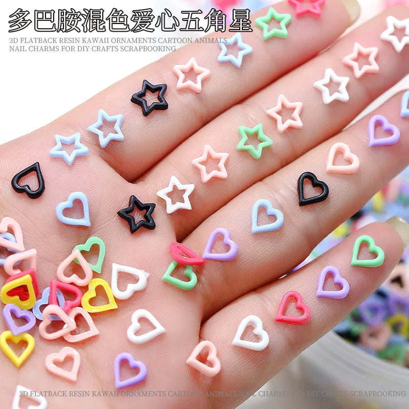100pcs Y2K Colorful Mini Hollow Star Nail Art Charms Resin 8mm Cute Star Heart Nail Decorations 3D FlatBottom Matte Stars Nails