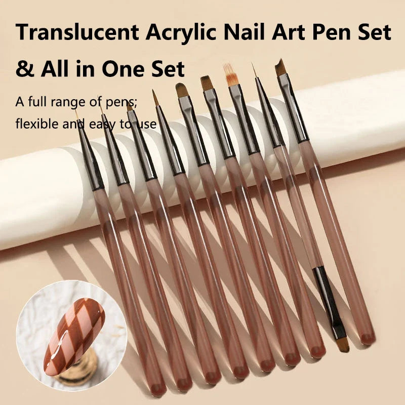 9Pcs UV Gel Acrylic Nail Brush Set, Nail Tips Extension Nail Brushes 3D Carving Manicure Salon Tools