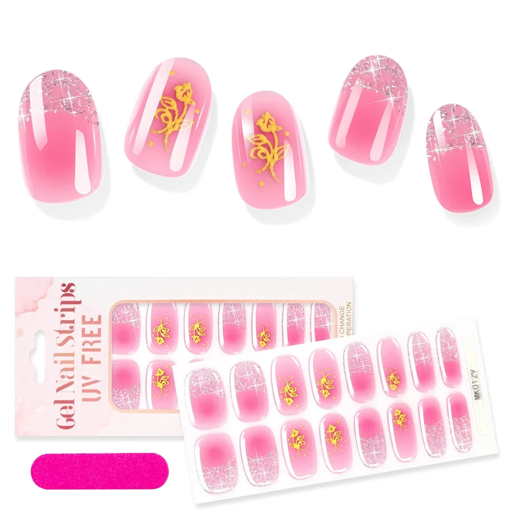 16Tips Sparkling Glitter French Gel Nail Strips 3D Flower Baking Free UV Gel Nail Wrap Decals DIY Long Lasting Full Nail Sticker