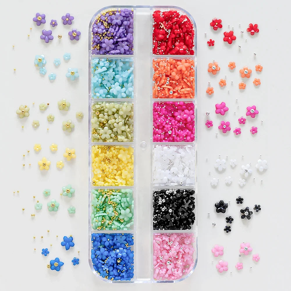 12Grids/Box Five-Petal Flower/Steel Beads Nail Art Charms Mixed-Size Flowers Gold/Silver Ball Rhinestones DIY Manicure Diamonds