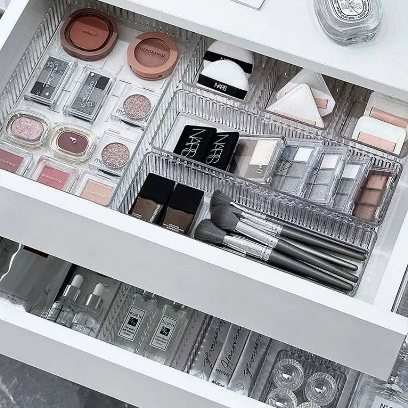 Transparent Modular Drawer Organizer Set Multi Use Storage Trays for Makeup Skincare Kitchen Tools Bathroom Vanity Organization