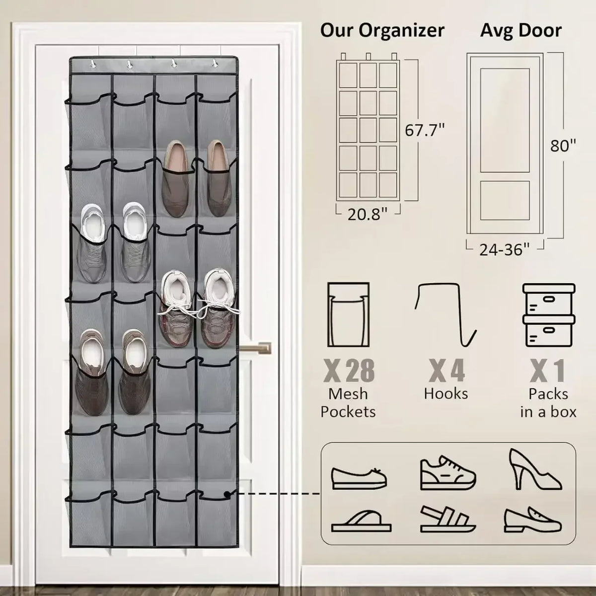 14/24/40 Grids Over The Door Shoe Rack  Mesh Pockets Hanging Shoe Organizer For Closet Hanging Shoe Rack Holder