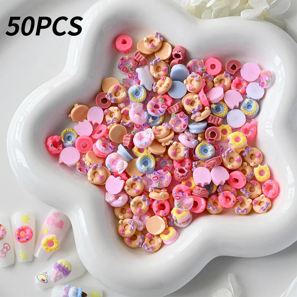 50Pcs 3D Mixed Kawaii Donuts Nail Art Charms Cartoon Dessert/Doughnut Nails Decorations for DIY Crafts Hair Manicure Accessories