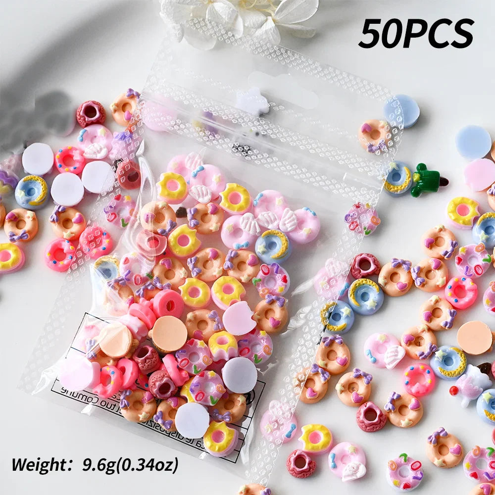 50Pcs 3D Mixed Kawaii Donuts Nail Art Charms Cartoon Dessert/Doughnut Nails Decorations for DIY Crafts Hair Manicure Accessories