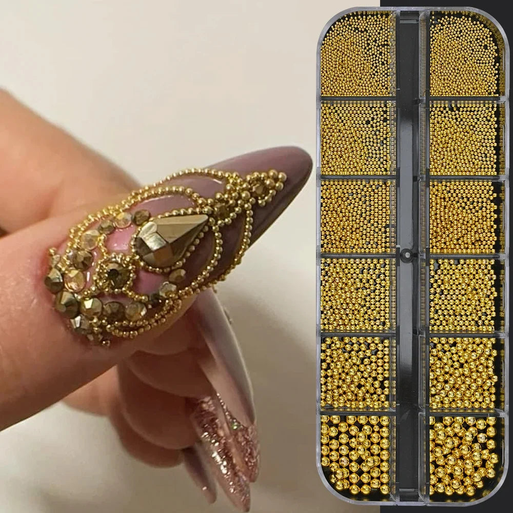 12Grids Gold/Silver Steel Beads Nail Art Charms Christmas Mixed-Size Caviar Bead With 1 Magnetic Pen Manicure Decor Rhinestones