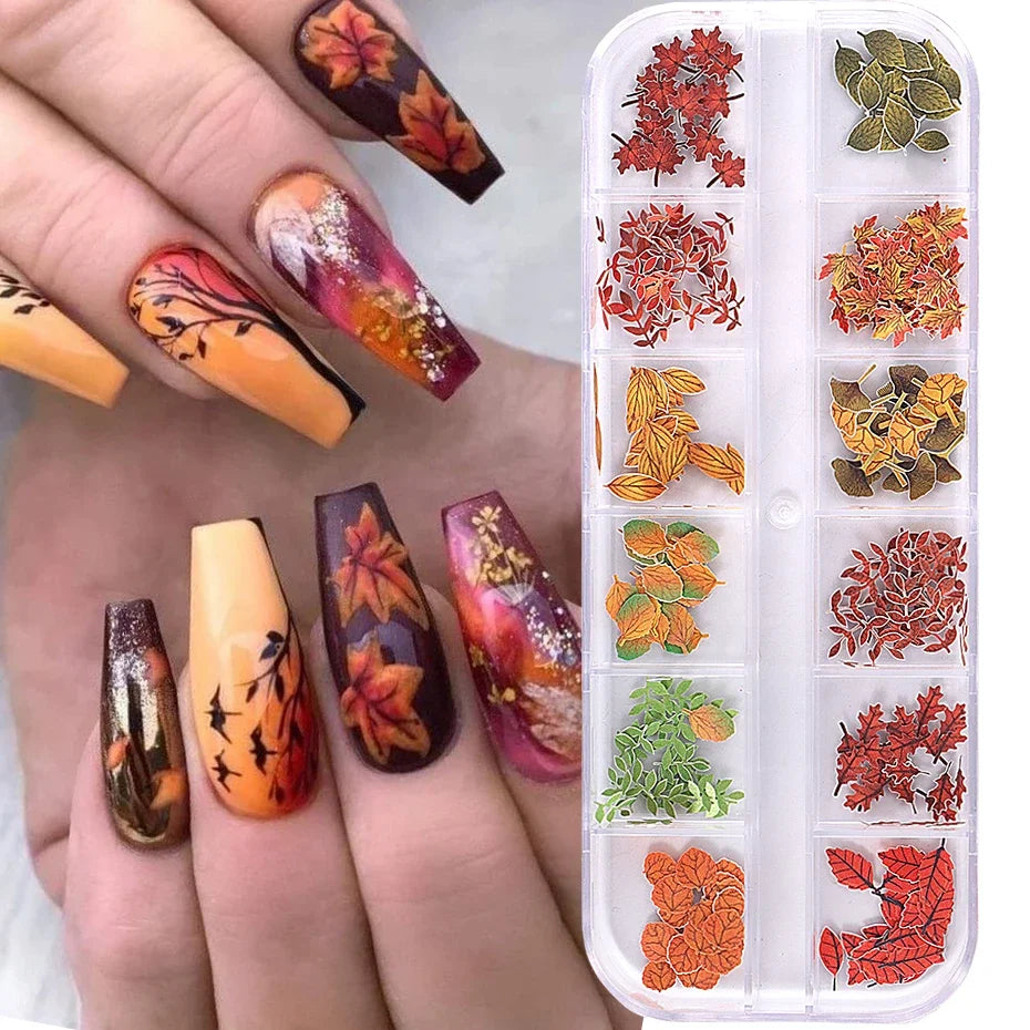 12 Grids Autumn Faux Maple Leaves Nail Sequins Set Simulated Fall Leaf Flakes Design Decor DIY Charm Manicure Accessories Slices