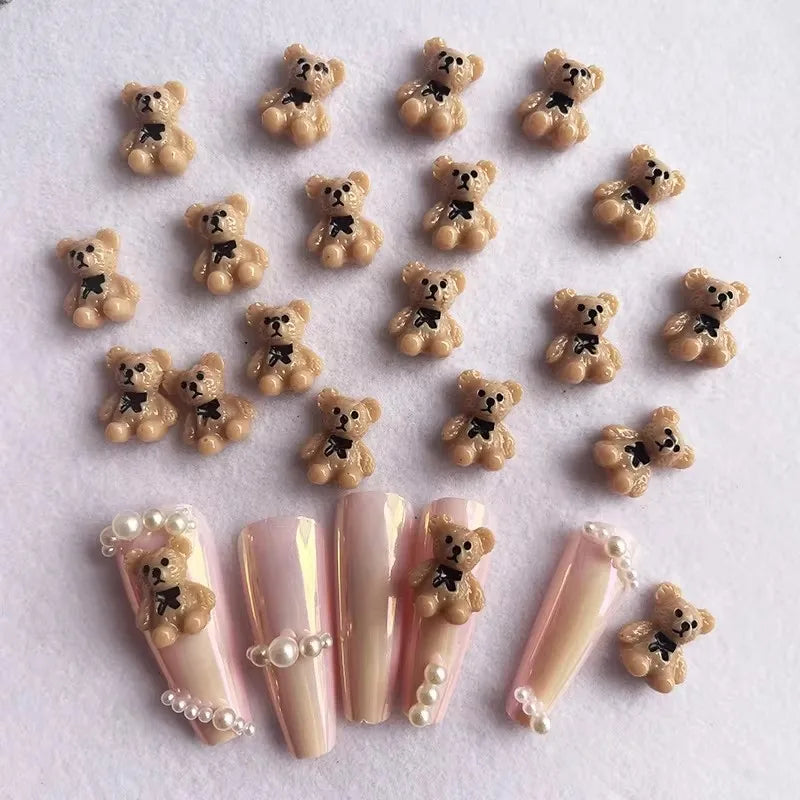 20pcs Kawaii New Nails Accessories 3D Cartoon Bear Bow Nail Charms Large Bow Tie Small Bear Clear Khaki Nail Decorations Diamond