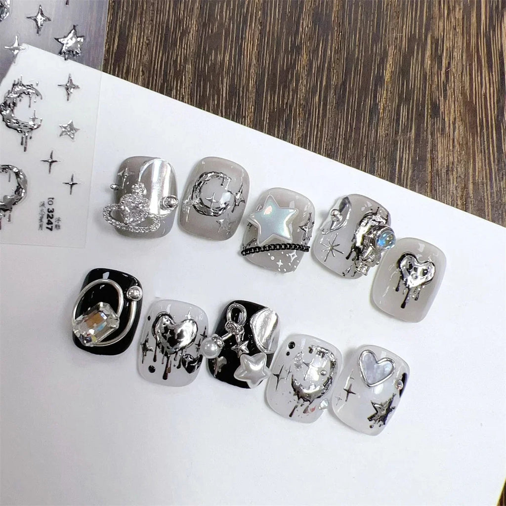 1pcs New 5D Bronzing Punk Heart Moon Nail Art Charms Gothic Star Adhesive Slider Press on Nail Decoration Decals Accessories DIY
