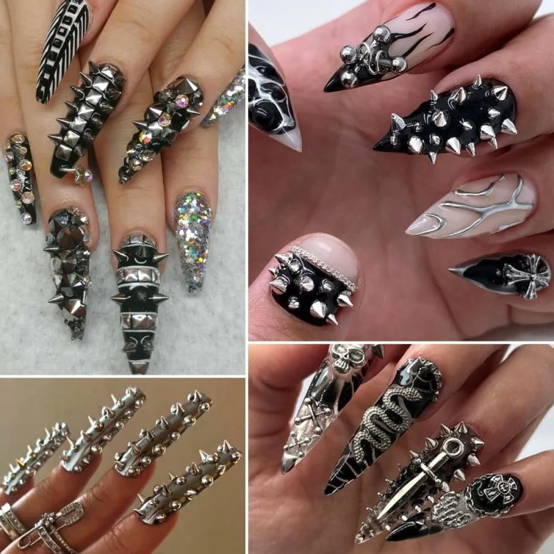 6 Grids Punk Nail Rivets Spikes Metal Studs Gold/Silver/Black Round Cone Nail Art Charms Mixed Size Nail Parts DIY Decoration