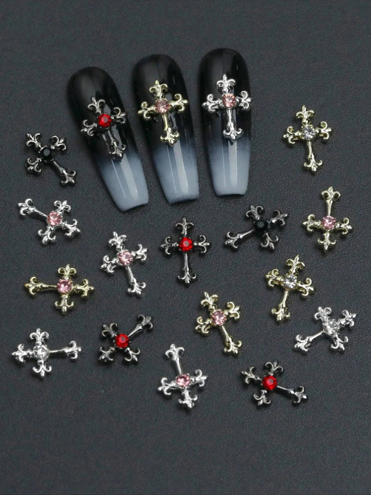 60pcsY2K Gold, Silver And Black Cross Nail Decoration Set With Rhinestones Black, White, Pink, Red Rhinestones Alloy Nail Art