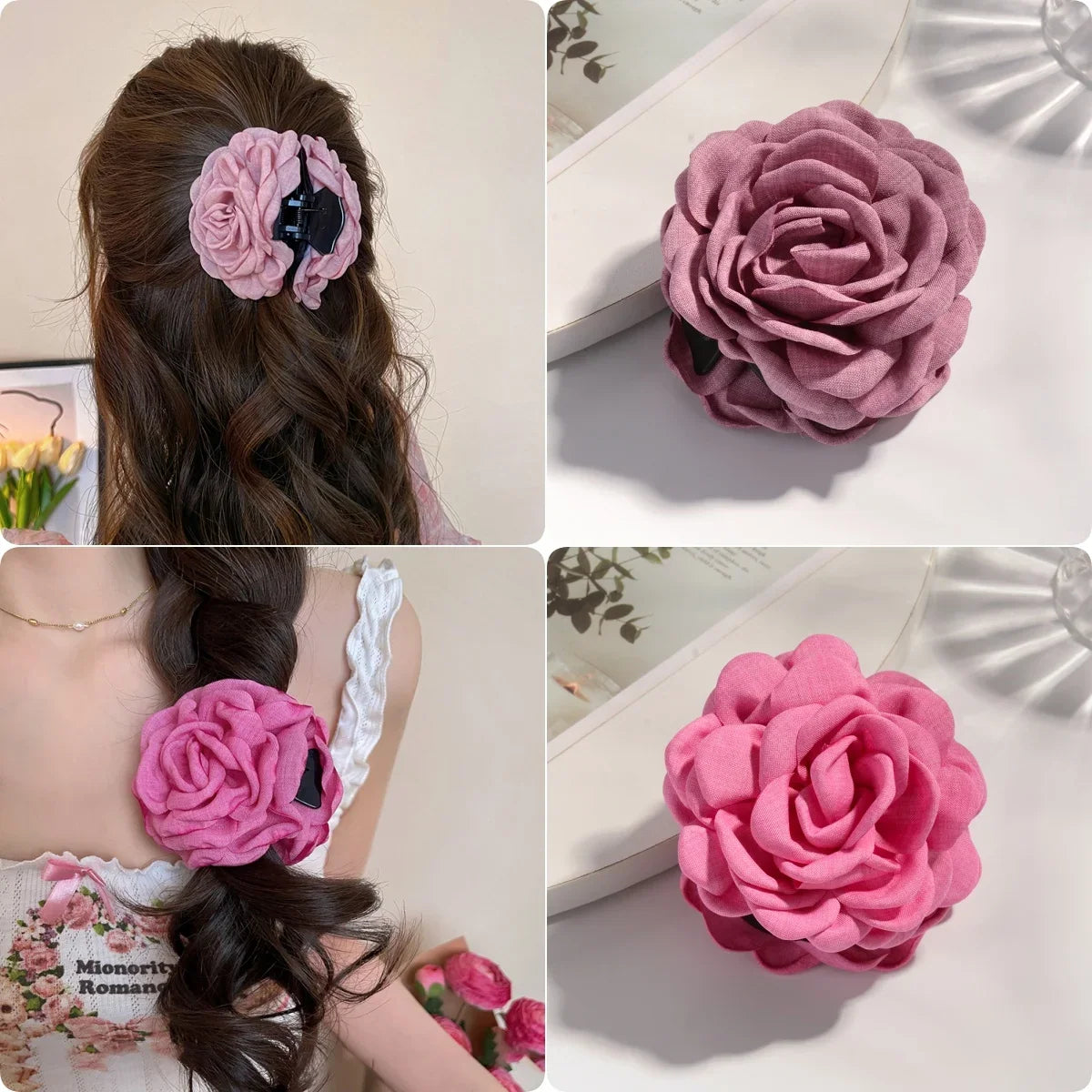 16 Colors Sweat Medium Size Cotton Fabric Rose Flower Hair Claw Clips for Women Korean Ctach Shark Clamp Hair Accessories 2024