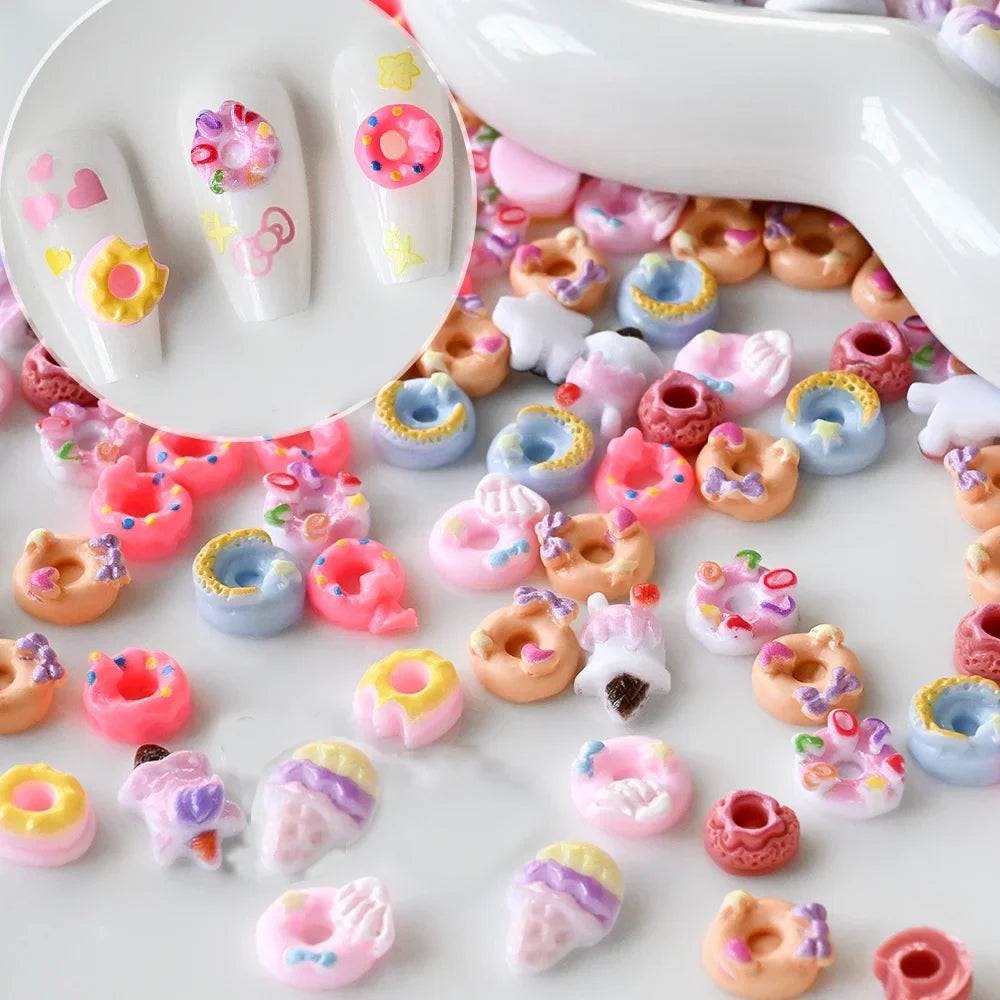 50Pcs 3D Mixed Cartoon Donuts Nail Art Charms Kawaii Dessert/Doughnut Nails Decorations for DIY Crafts Hair Manicure Accessories