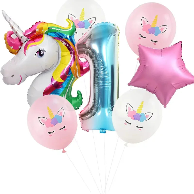 7Pcs Rainbow Unicorn Balloons Unicorn Birthday Decoration Number Foil Balloon Kids Girl Birthday Party Decor Baby Shower Globos