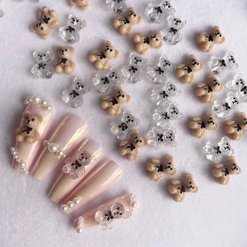 20pcs Kawaii New Nails Accessories 3D Cartoon Bear Bow Nail Charms Large Bow Tie Small Bear Clear Khaki Nail Decorations Diamond
