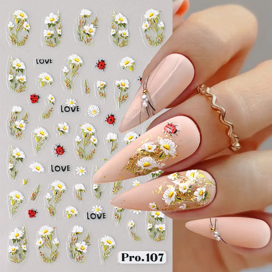 2pcs 5D Embossed Spring Daisy Nails Decals Cute Bee Ladybug Nail Stickers Blossom Petals Adhesive Charms Manicure Slider Decor