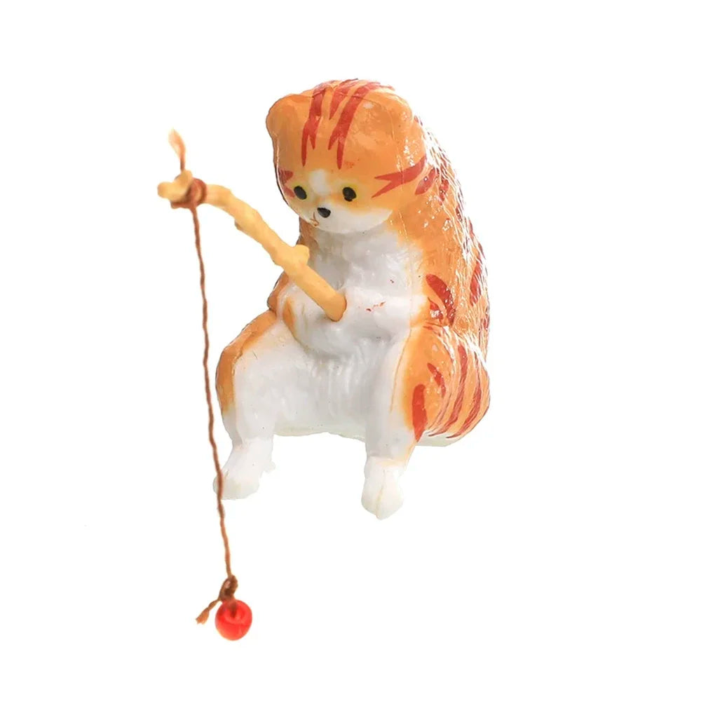 Fish Tank Side Small Resin Cartoon Fishing Cat Kitten Hanging Creative Fun Micro Landscape Office Ornaments Aquarium Decoration