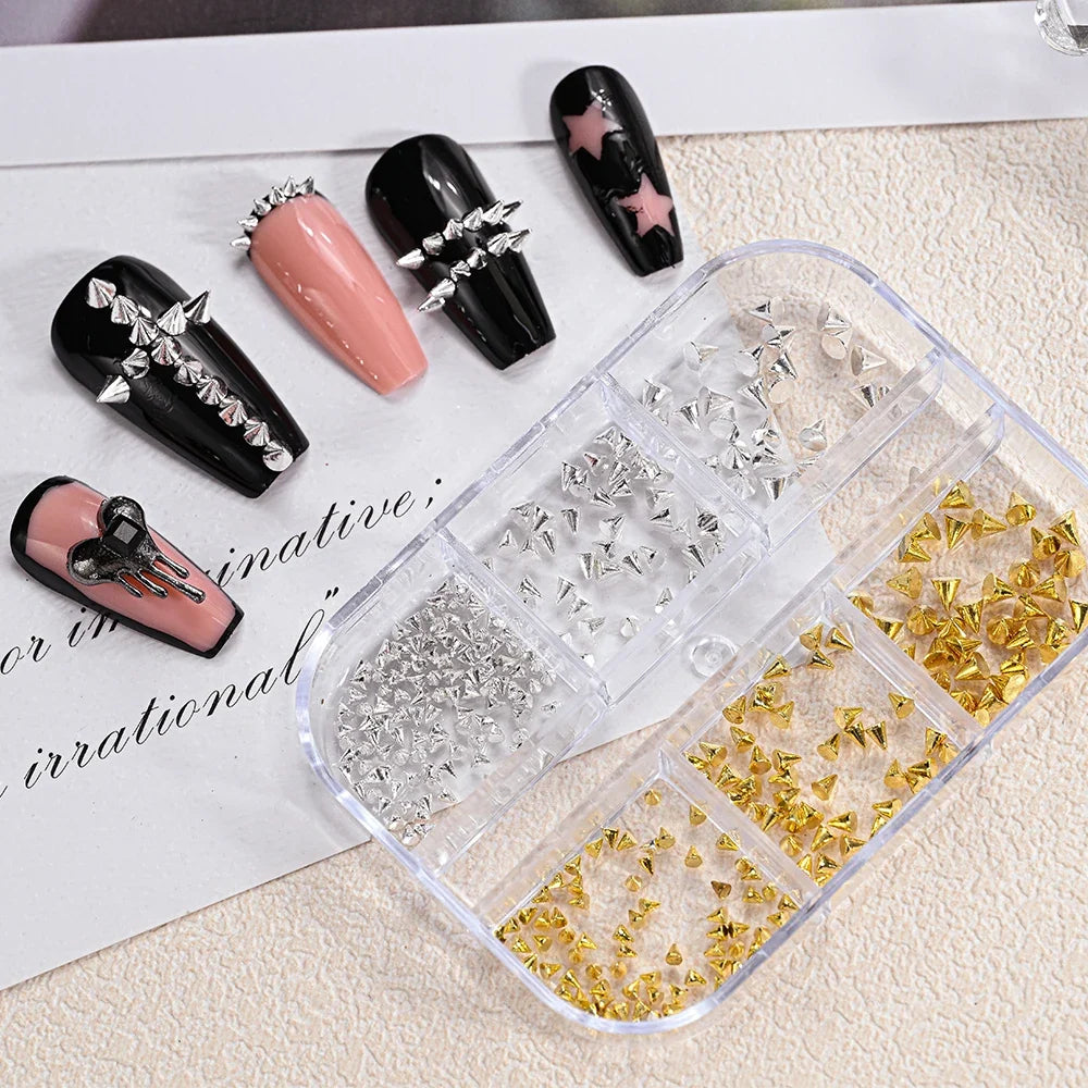 6Grids Halloween Punk Rivets Nail Art Charms Gold/Silver/Black Cone Spike Studs Nails Decorations DIY Cool Manicure Accessories