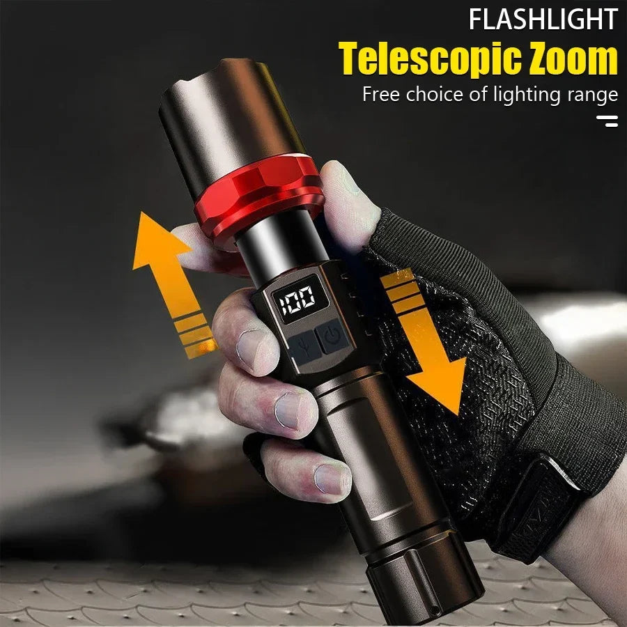 Super Bright LED Flashlight USB Rechargeable Flashlights with Tactical Zoom High Power Spotlight Outdoor Camping Fishing Torch