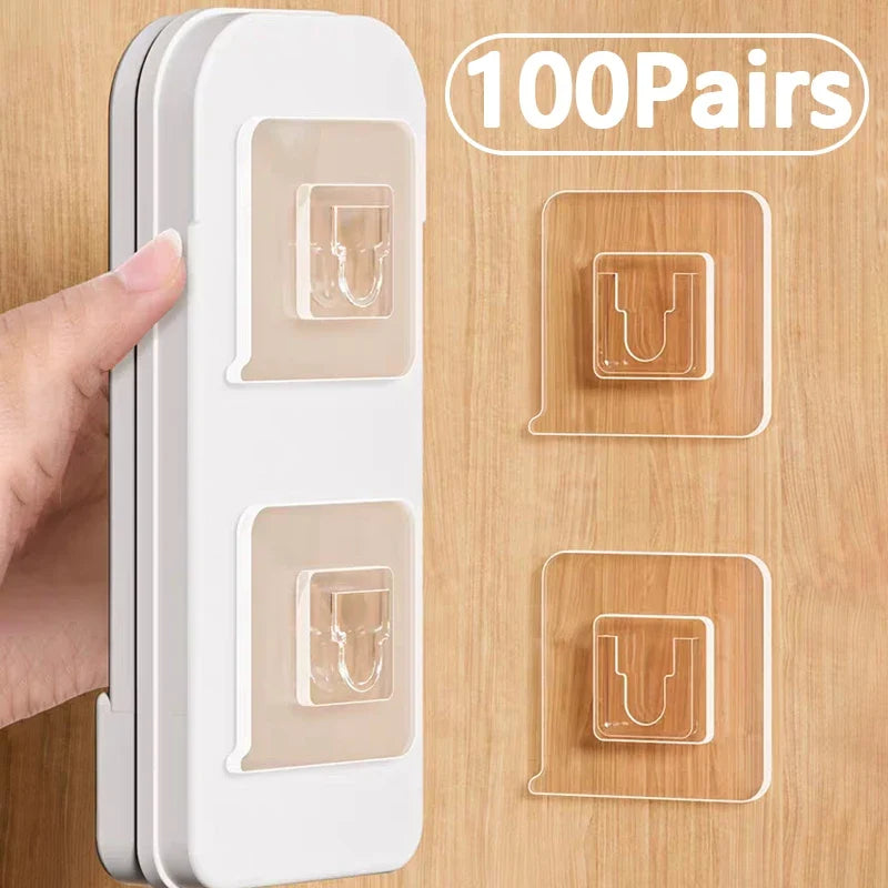100 Pairs Multi-purpose Transparent Hooks Double-sided Adhesive Wall Hooks Waterproof Clothes Hats Hooks Kitchen Bath Door Hooks