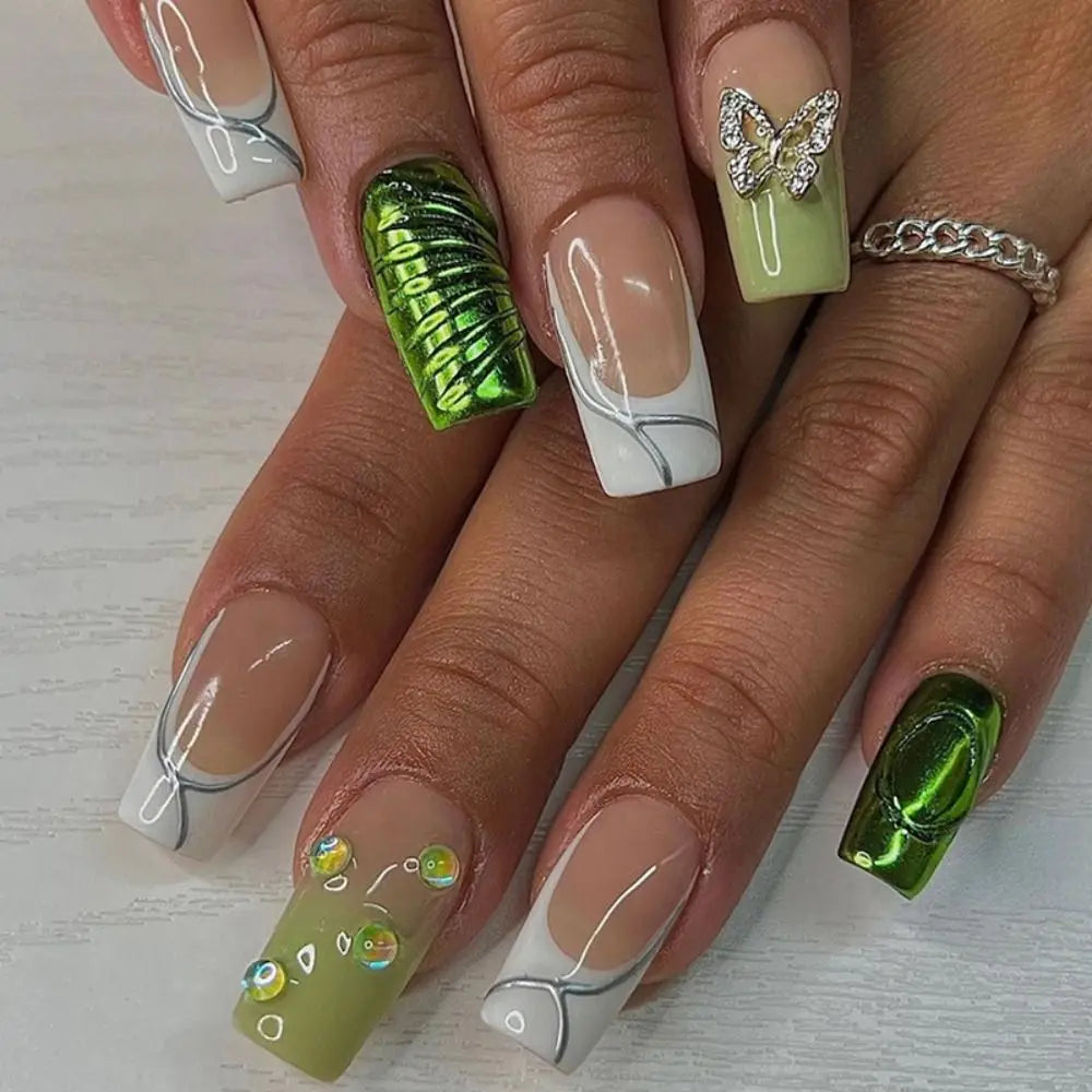 24pcs Fashion Square Long False Nails French Rainbow Flowers Aurora Wavy Butterfly Fake Nails Full Cover Press on Nails Tips