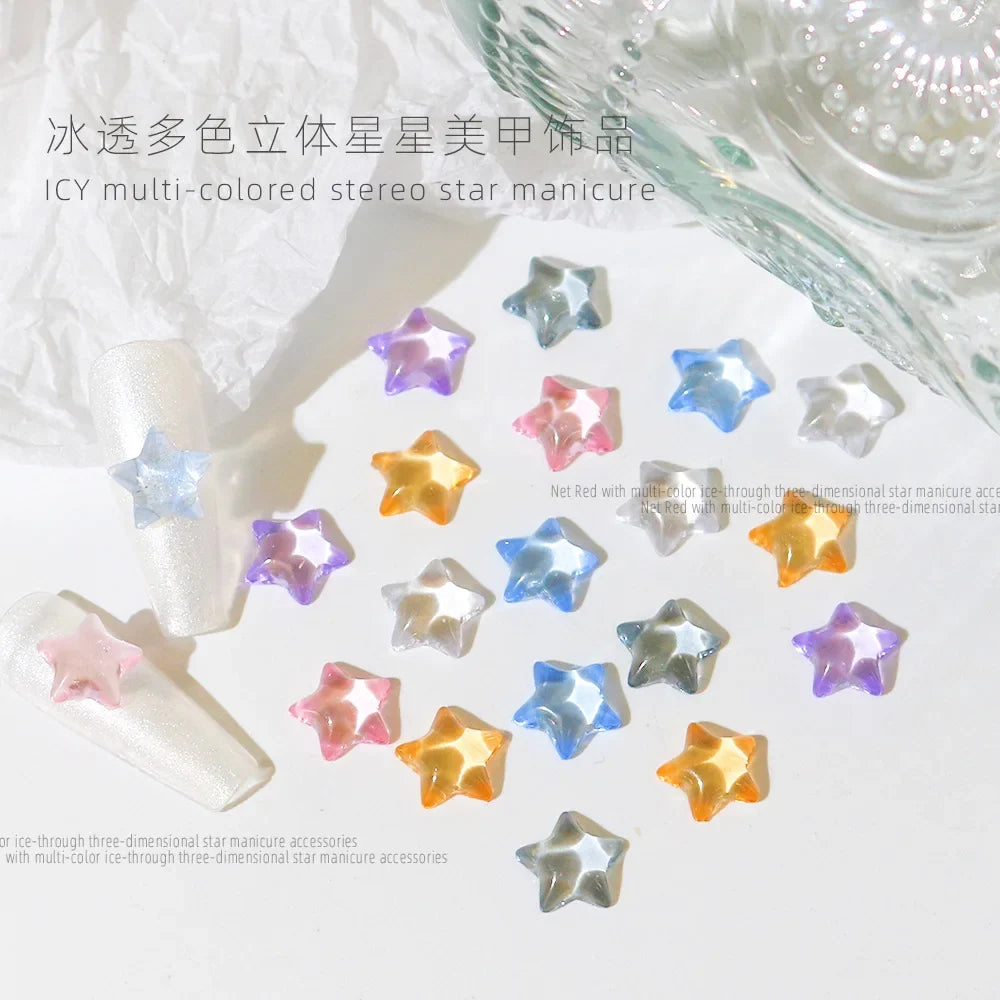 100pcs Ice Transparent Pentagram Nail Art Charms Resin 3D Shiny Stars Nail Art Rhinestone Flatback Gems DIY Nail Accessories