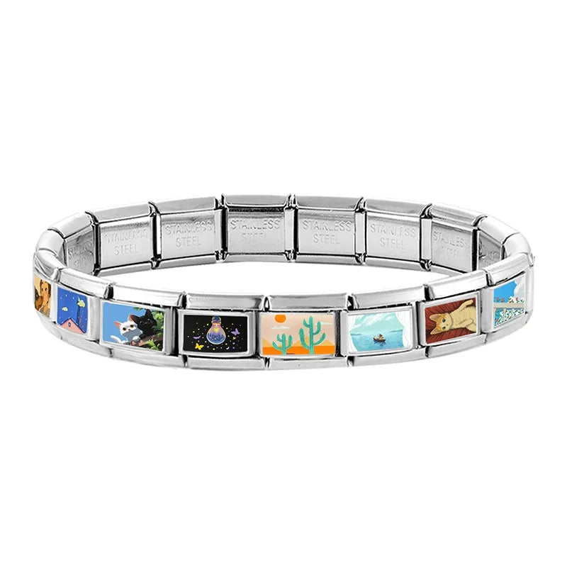 Y2K Original Design Cute Cat Fish Girl Kiss Dog Animals Italian Charm Links 9mm Bracelets Bangle Stainless Steel DIY Making Gift