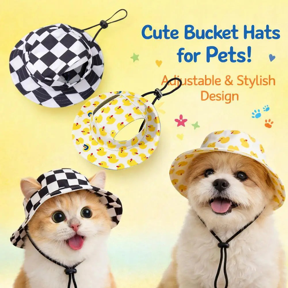 Summer UV Protection Pet Sun Hat Checkered Dog Fisherman Cap with Ear Holes Adjustable Bucket Hats for Small Medium Dogs